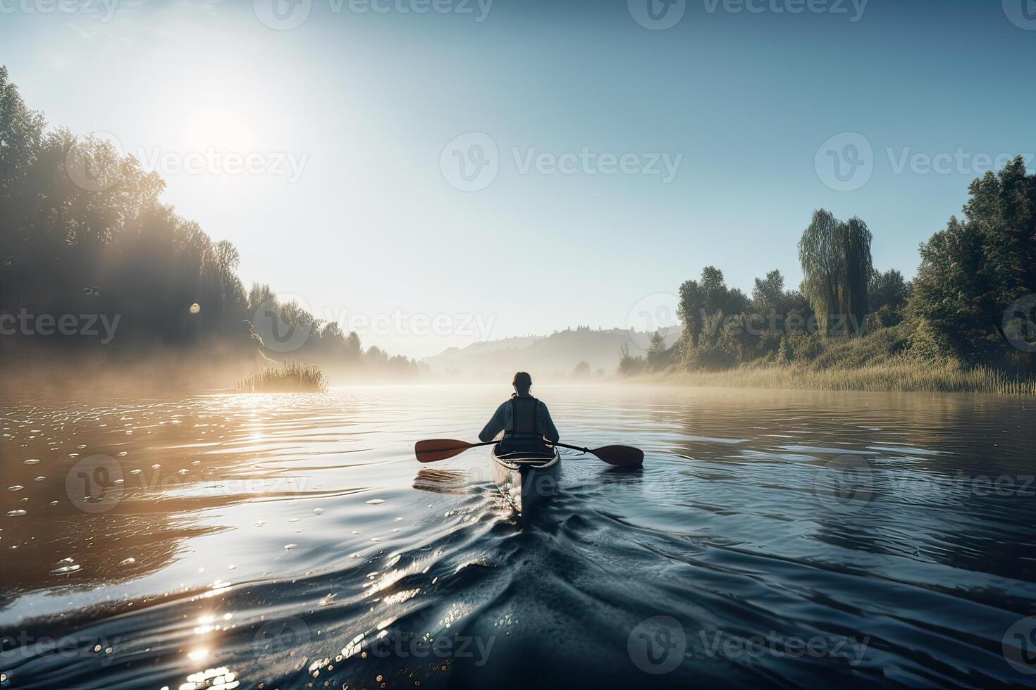 Rückseite Aussicht von Kajakfahrer Mann Paddel Kajak beim Sonnenuntergang Meer. Kajak fahren, Kanusport, paddeln. generativ ai. foto