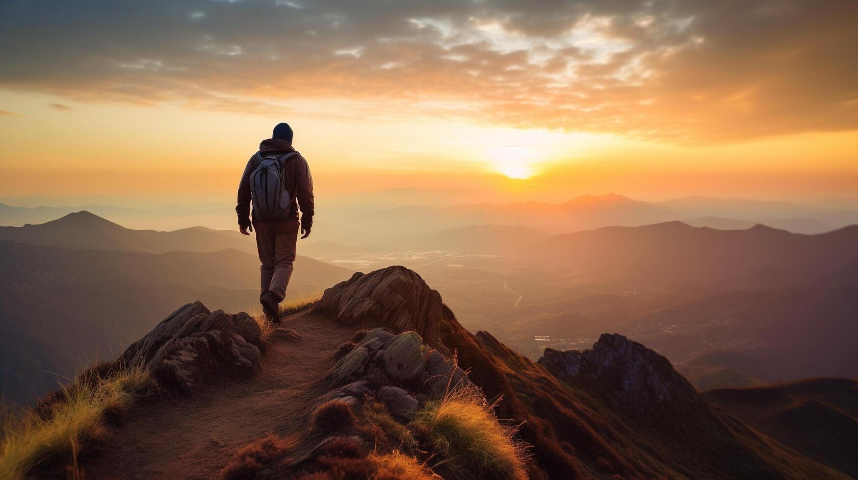 Silhouette von ein Person im das Berge ai generiert foto