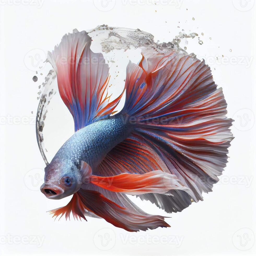 ein Ultra realistisch Regenbogen Fisch Kampf Fisch Das springt durch planschen auf ein Weiß Hintergrund ai generiert foto
