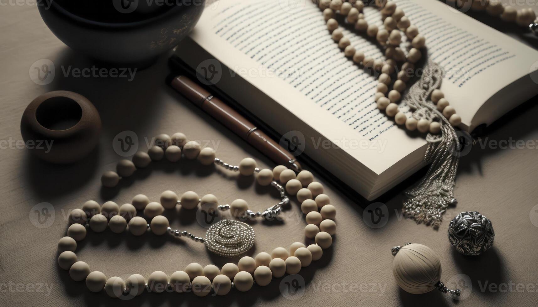 Ramadan Stimmung oben Aussicht von Koran und tasbih zum Ramadan Banner ai generiert foto