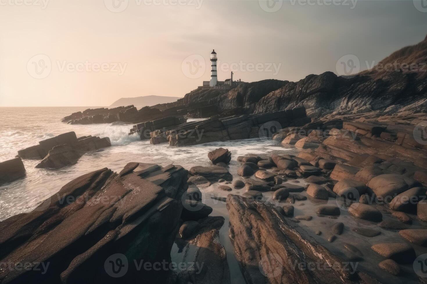 lange Exposition von ein felsig Küste mit ein Leuchtturm auf es erstellt mit generativ ai Technologie. foto