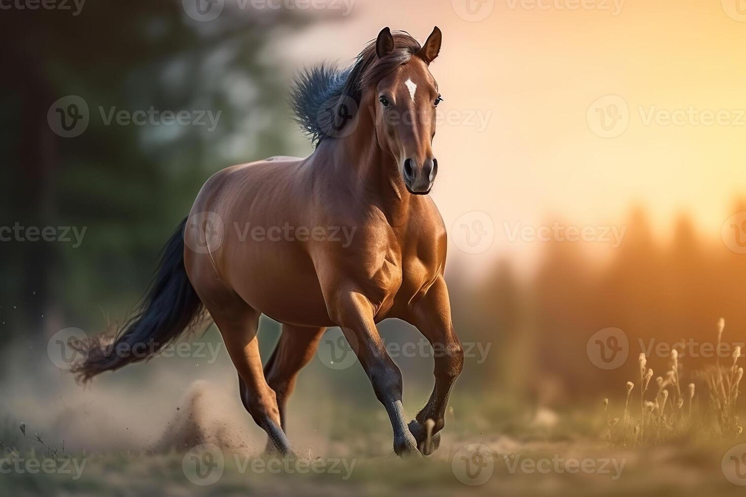 ein Pferd Laufen durch ein Feld. generativ ai. foto