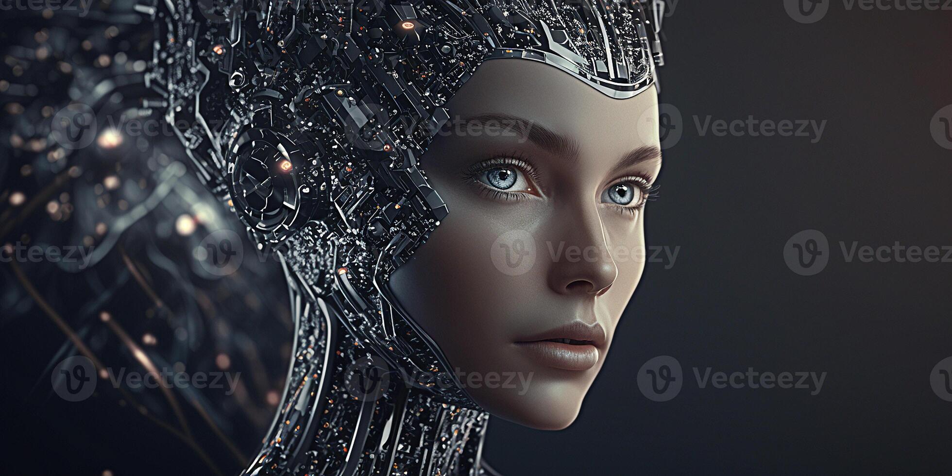 futuristisch Cyborg Roboter Mädchen mit ein Komplex neural Gehirn Fäden. künstlich Intelligenz neural Daten Wissenschaft Technologie Konzept. generativ ai Illustration. foto