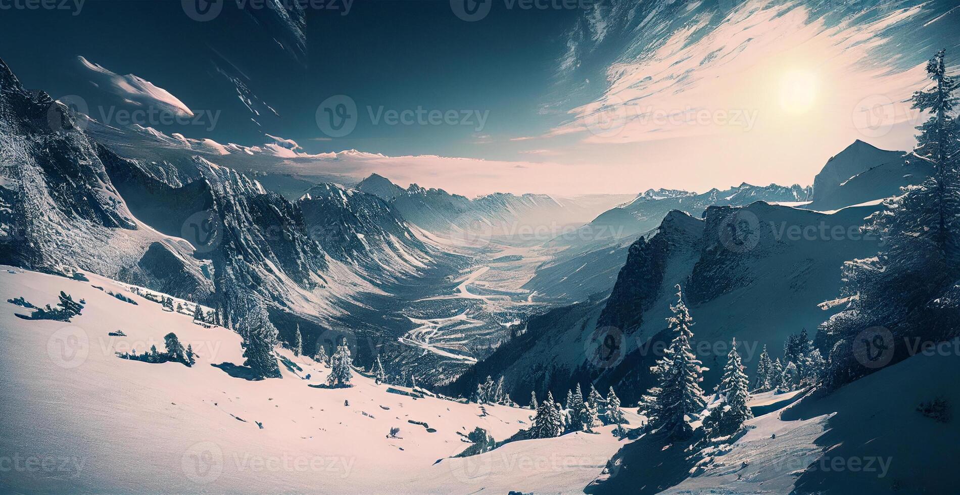 Winter Panorama schneebedeckt Berge, schneebedeckt Spitzen - - ai generiert Bild foto