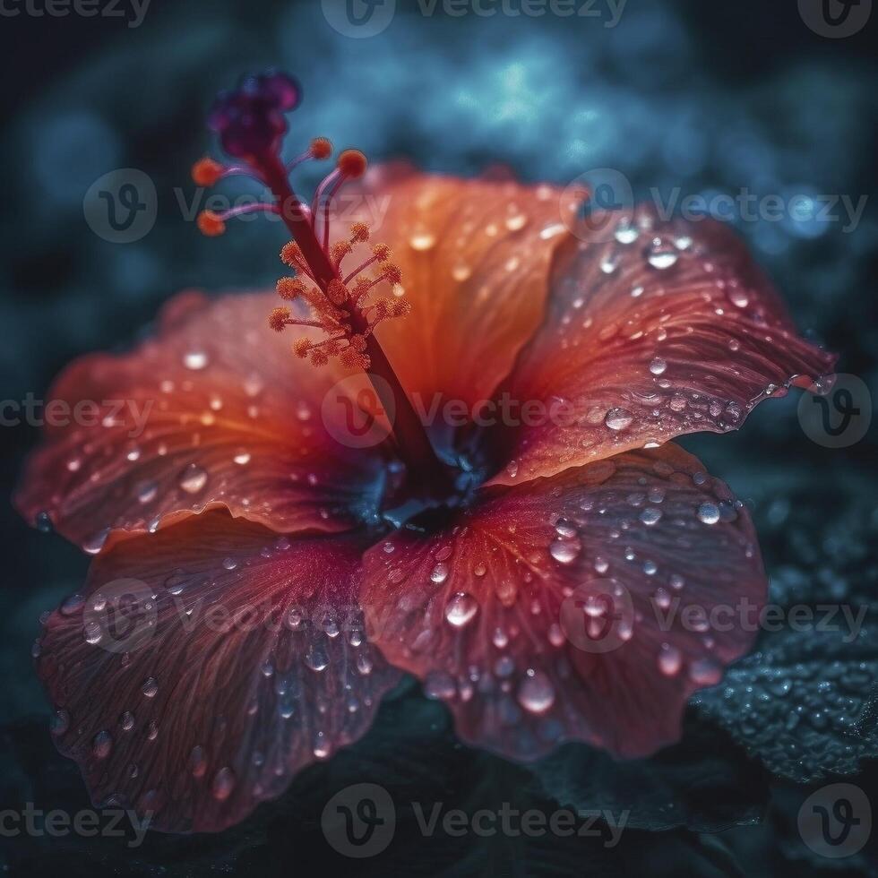 Hibiskus Blume Kopf mit Wasser Tropfen, erstellt mit generativ ai foto