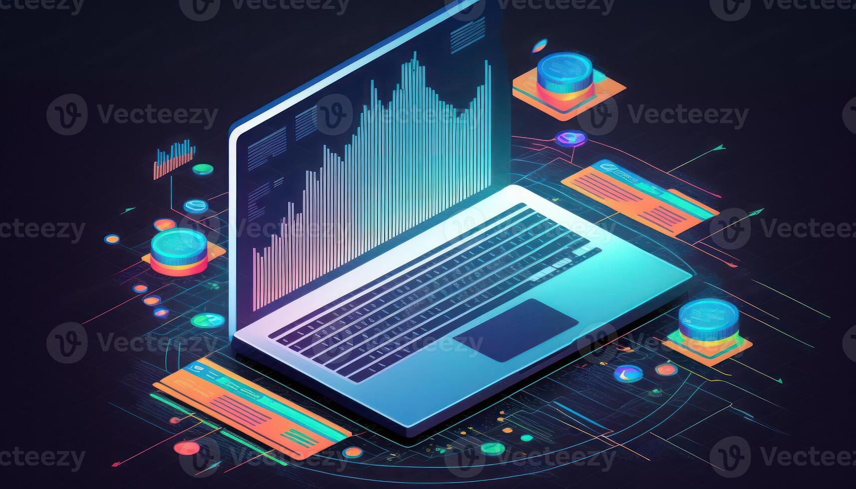 Anwendung von Laptop mit Geschäft Graph und Analytik Daten auf isometrisch Laptop . Analyse Trends und finanziell Strategie durch mit Infografik Diagramm. online Statistiken und Daten Analytik. ai generiert foto