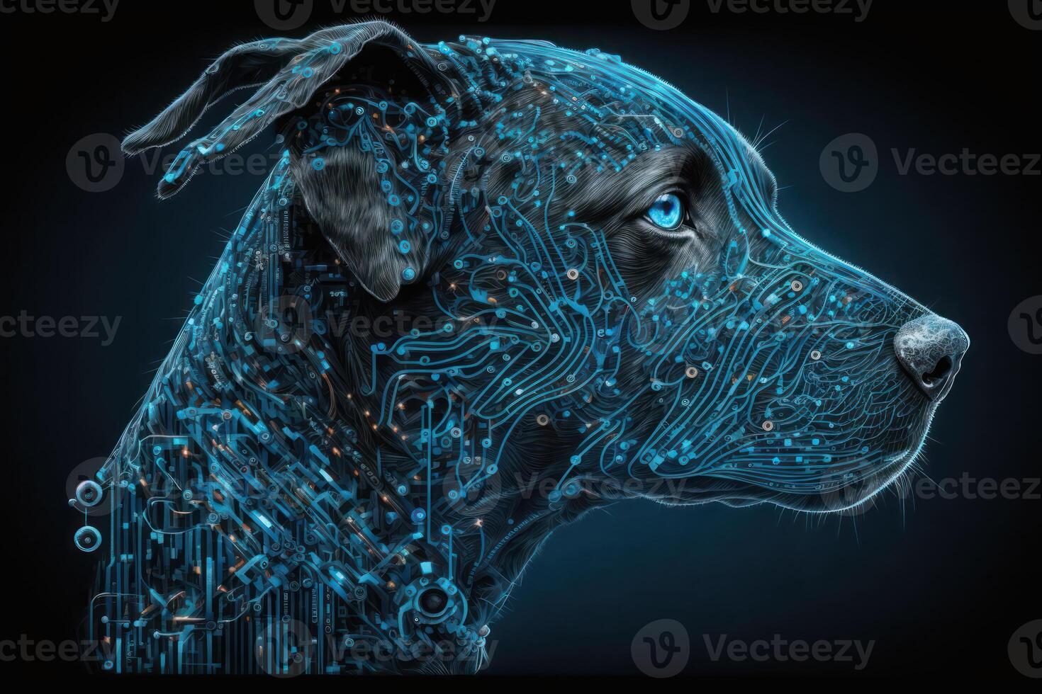 neural Netzwerk von ein Hund Gehirn mit groß Daten und künstlich Intelligenz Schaltkreis Tafel im das Kopf von ein Blau Eckzahn, Umrisse Konzepte von ein Digital Gehirn, Computer. ai generiert foto