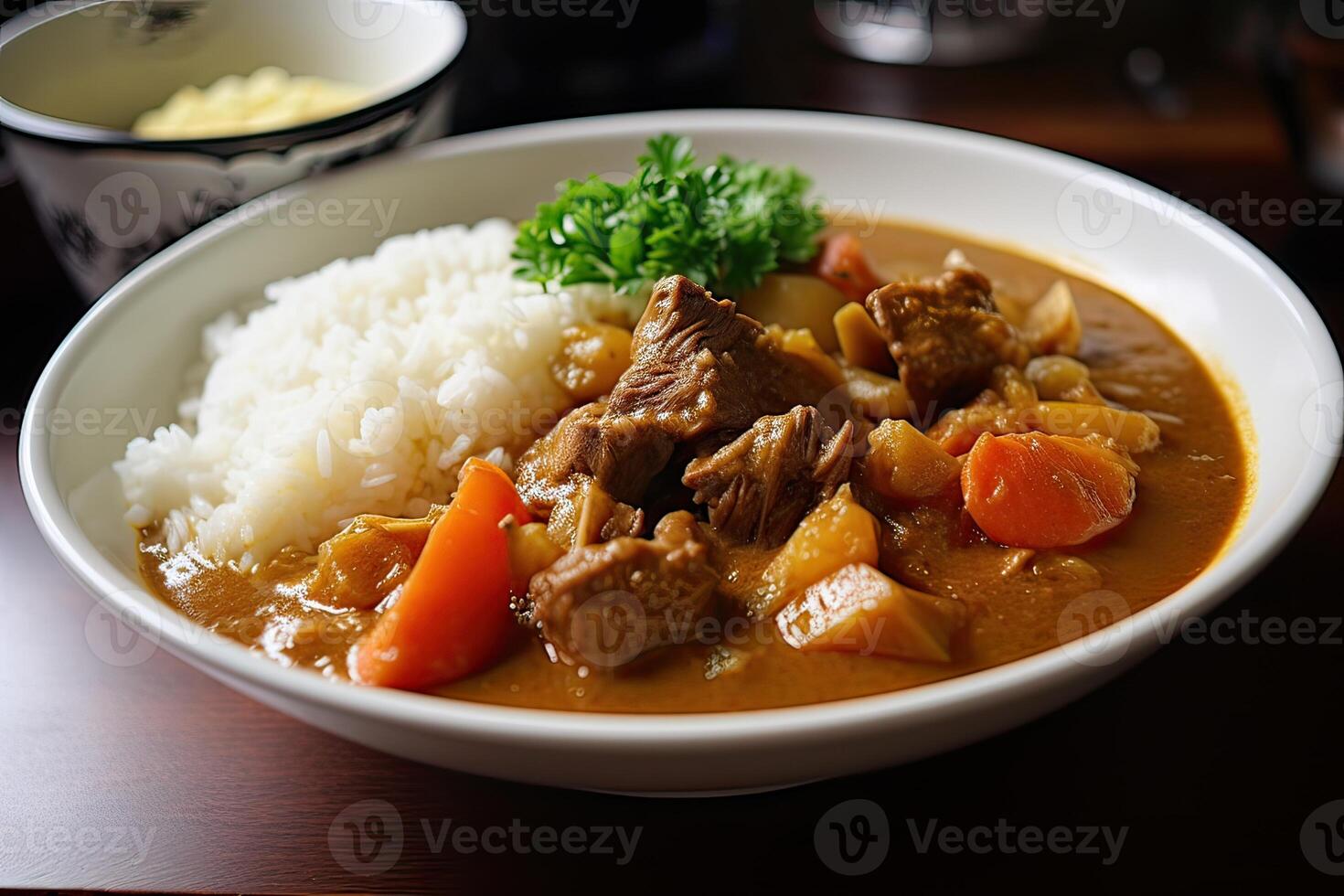 japanisch gewöhnliche Curry Reis Kartoffeln, Möhren, Zwiebeln und Rindfleisch im würzig Gelb Curry serviert mit gedämpft Reis. generativ ai foto