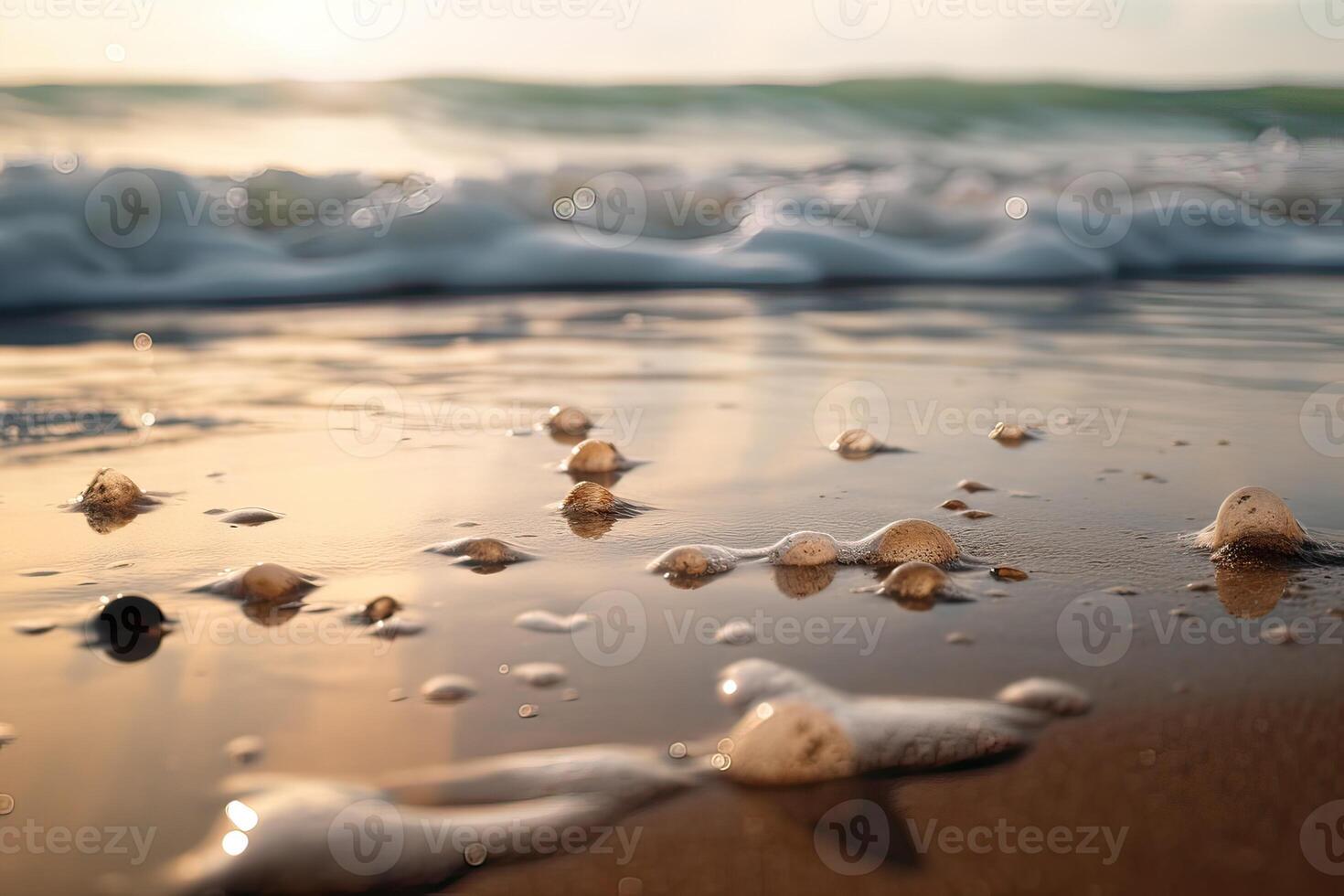 planschen Welle auf sandig Ufer mit funkelnd Sonnenschein auf Wasser. generativ ai. foto