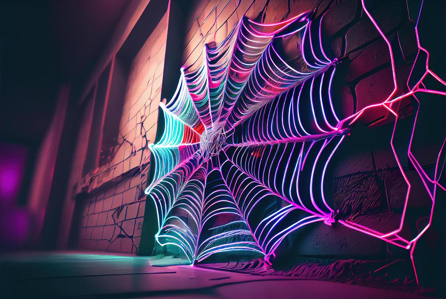 Backstein Mauer mit farbig Neon- Spinnweben auf ein leeren Straße beim Nacht. ai generiert foto
