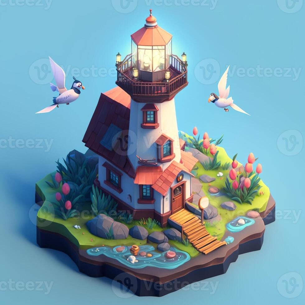 Insel 3d Landschaft mit Leuchtturm und fliegend Vögel. generativ ai foto