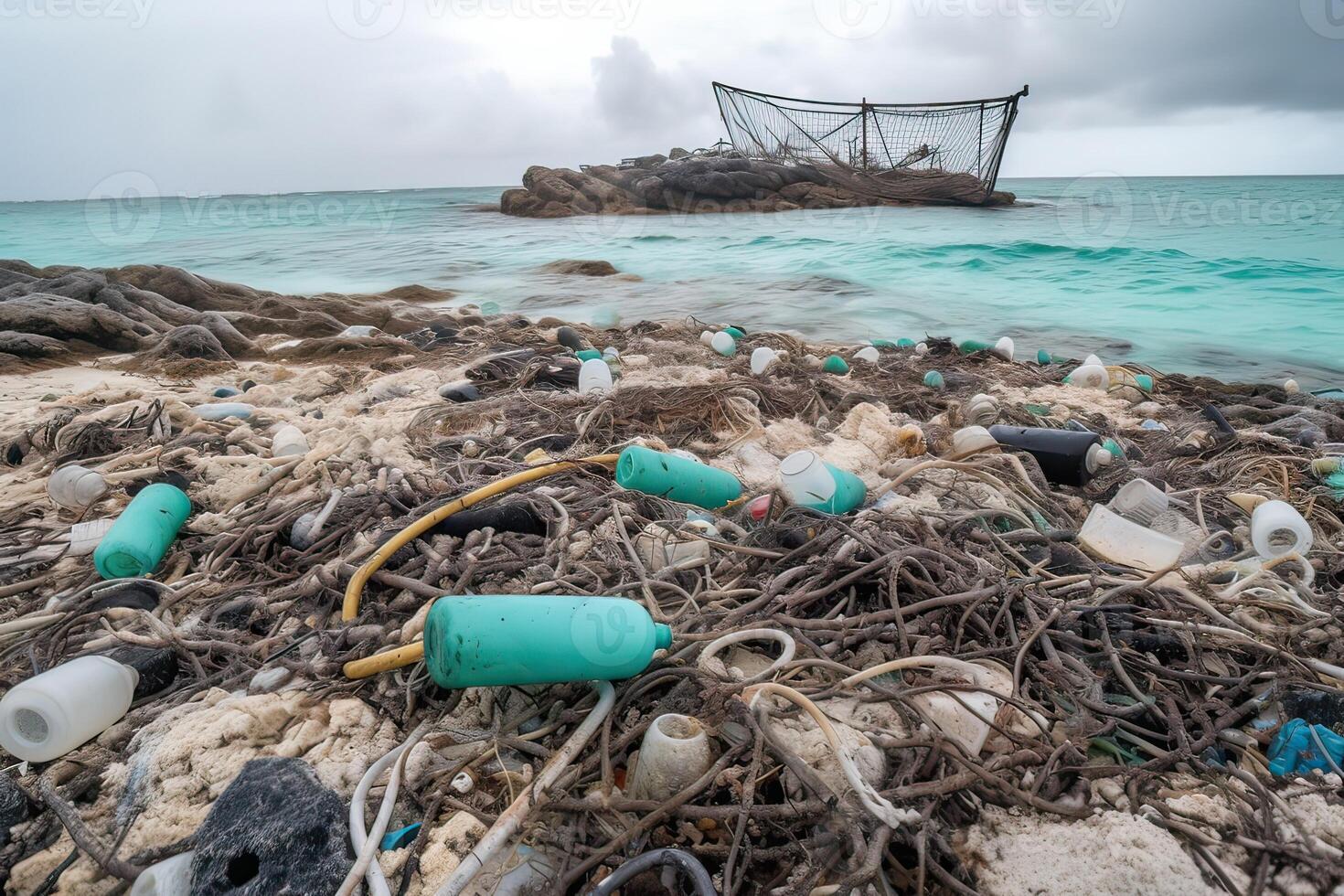 verschüttet Müll auf das Strand von das groß Stadt. leeren benutzt schmutzig Plastik Flaschen. schmutzig Meer sandig Ufer das schwarz Meer. Umwelt Verschmutzung. ökologisch Problem. generativ ai. foto