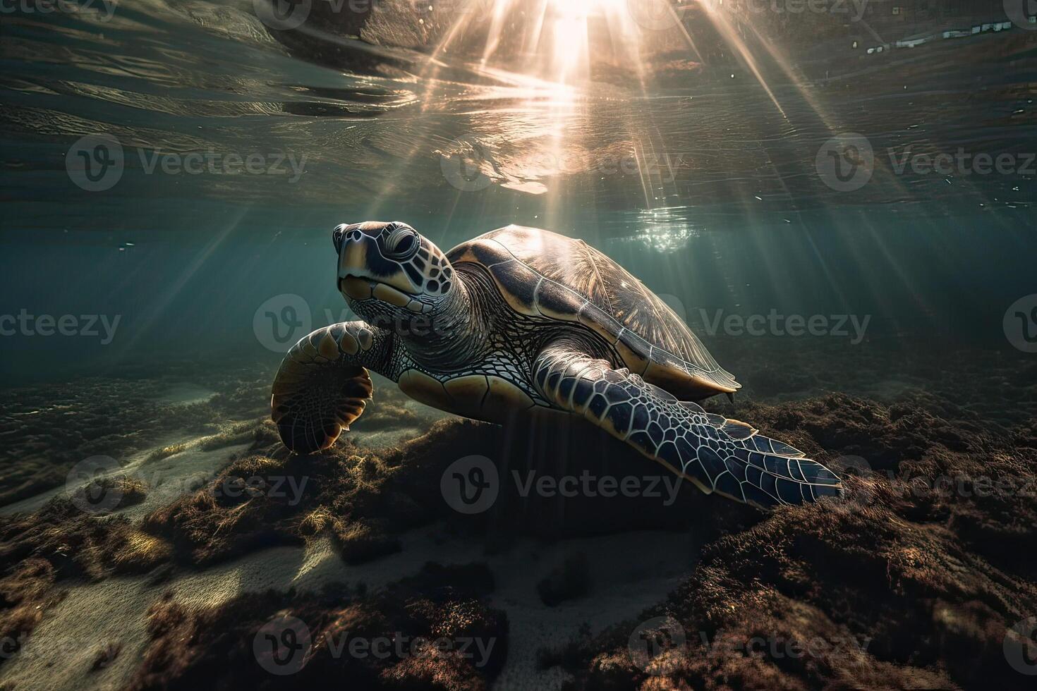 schön unter Wasser Postkarte. Malediven Meer Schildkröte schwebend oben und Über Koralle Riff. Dummkopf im wild Natur Lebensraum. generativ ai. foto