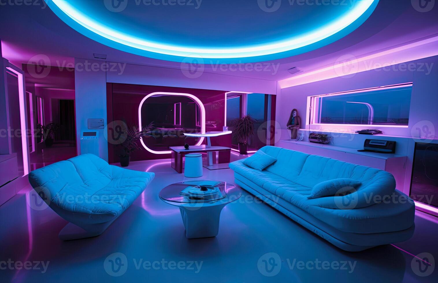 generativ ai Illustration von ein Blau Neon- farbig futuristisch Leben Zimmer foto