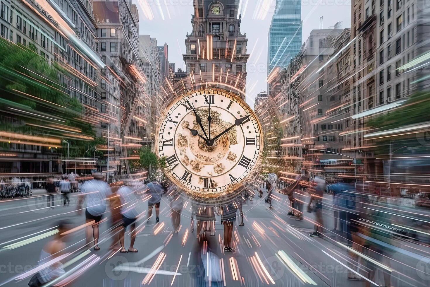 generativ ai Illustration von ein Uhr Über ein verschwommen Stadt Landschaft foto