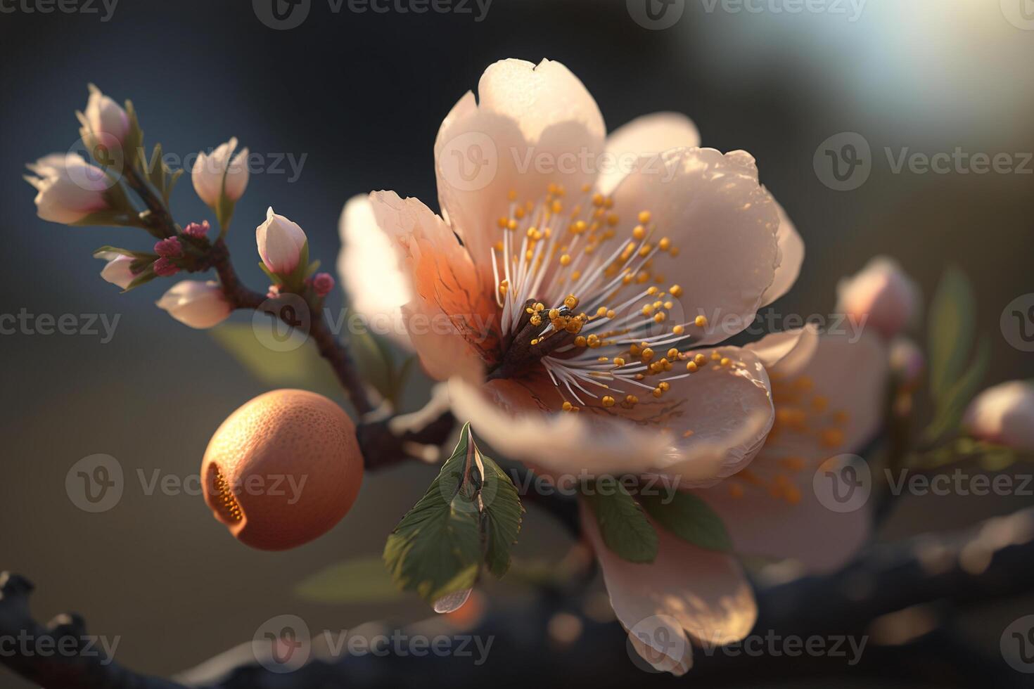 Frühling Blüte. schön Blumen Blühen Baum Ast. frisch Frühling Geäst von Baum mit Blumen, natürlich Blumen- saisonal Ostern Hintergrund. Grün Frühling schließen hoch. Sonnenschein. generativ ai. foto