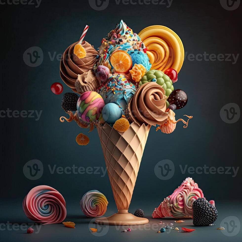 Eis Sahne Kegel. Schokolade und Obst Eis Sahne mit Karamell. generativ ai. foto