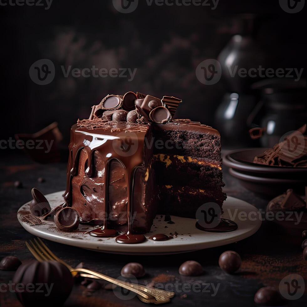 Schokolade Kuchen schließen oben im das Hintergrund von das Feier. Schokolade Nachtisch. generativ ai. foto