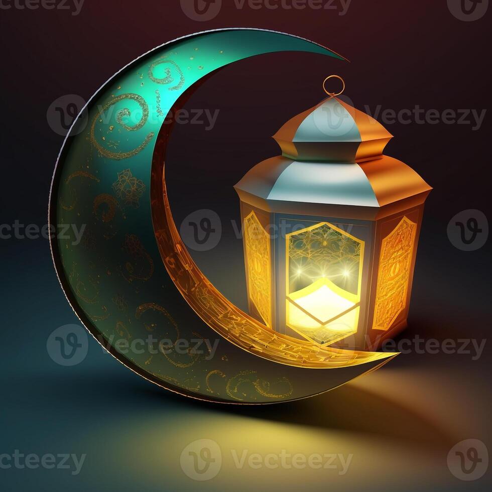 islamisch Ramadan Urlaub Banner mit glühend Laterne Mond und Moschee Fenster Portal generativ ai foto