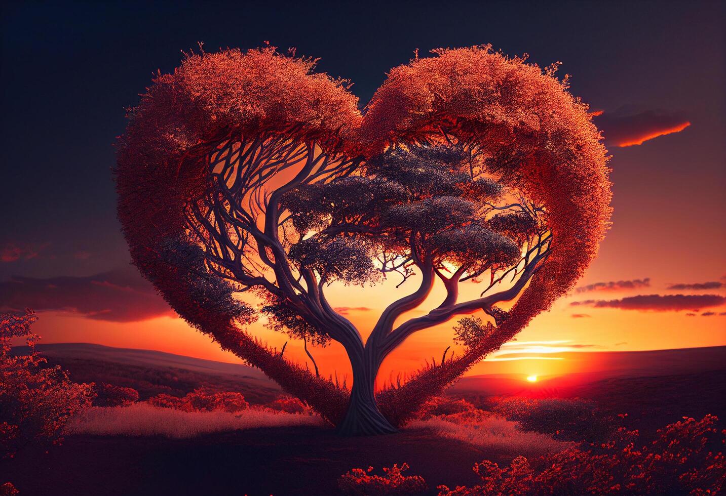 Herz geformt Baum auf Sonnenuntergang Hintergrund. 3d Wiedergabe. Liebe Konzept generativ ai foto