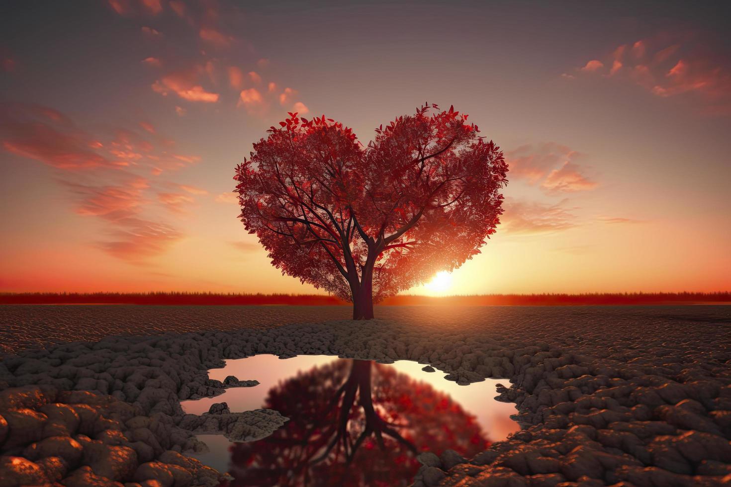 Herz Baum Liebe zum Natur rot Landschaft beim Sonnenuntergang foto