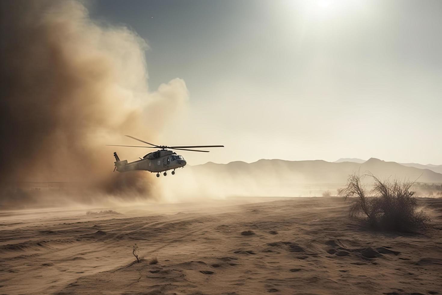 Militär- Hubschrauber Kreuze Kreuze Feuer und Rauch im das Wüste, breit Poster Design foto