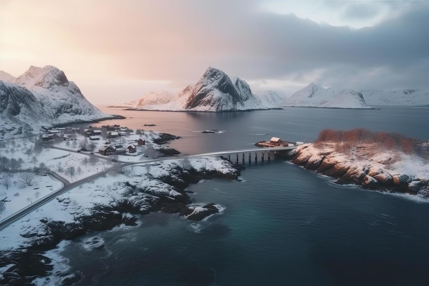 Antenne Aussicht von Lofoten Inseln im Winter beim Sonnenuntergang im Norwegen. Landschaft mit Blau Meer foto