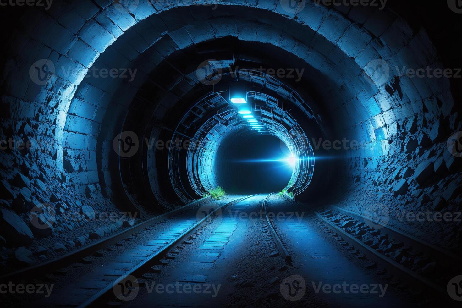 ein dunkel Tunnel mit ein Blau Licht und ein Blau Licht ai generiert foto