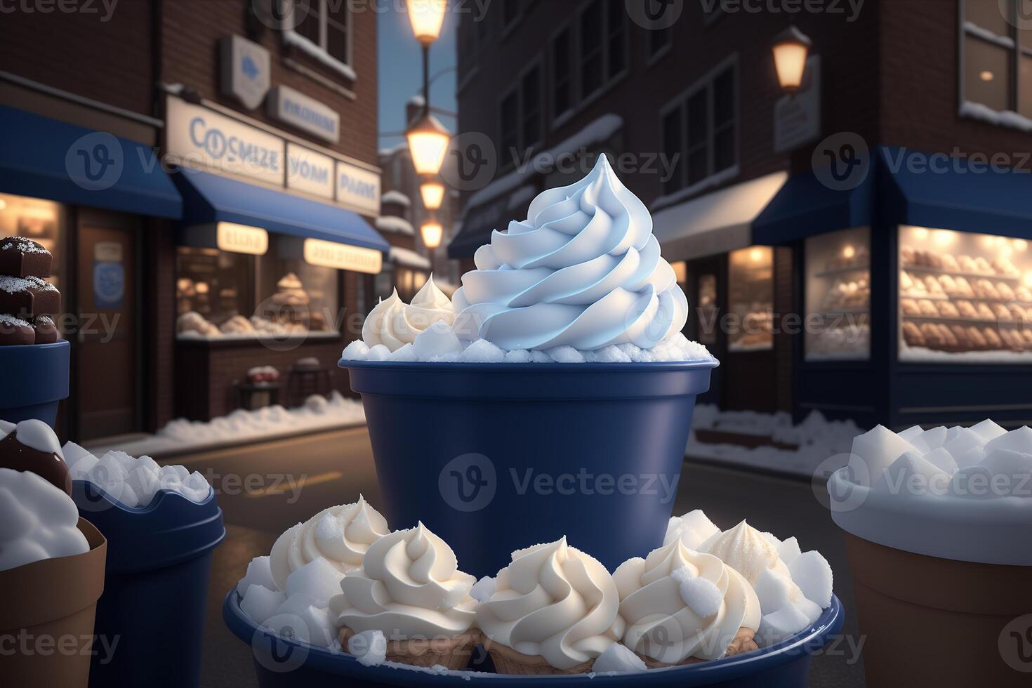 Schokolade Vanille Eis Sahne Kegel Anzeigen mit Eis Würfel und Schneeflocken ai generiert foto
