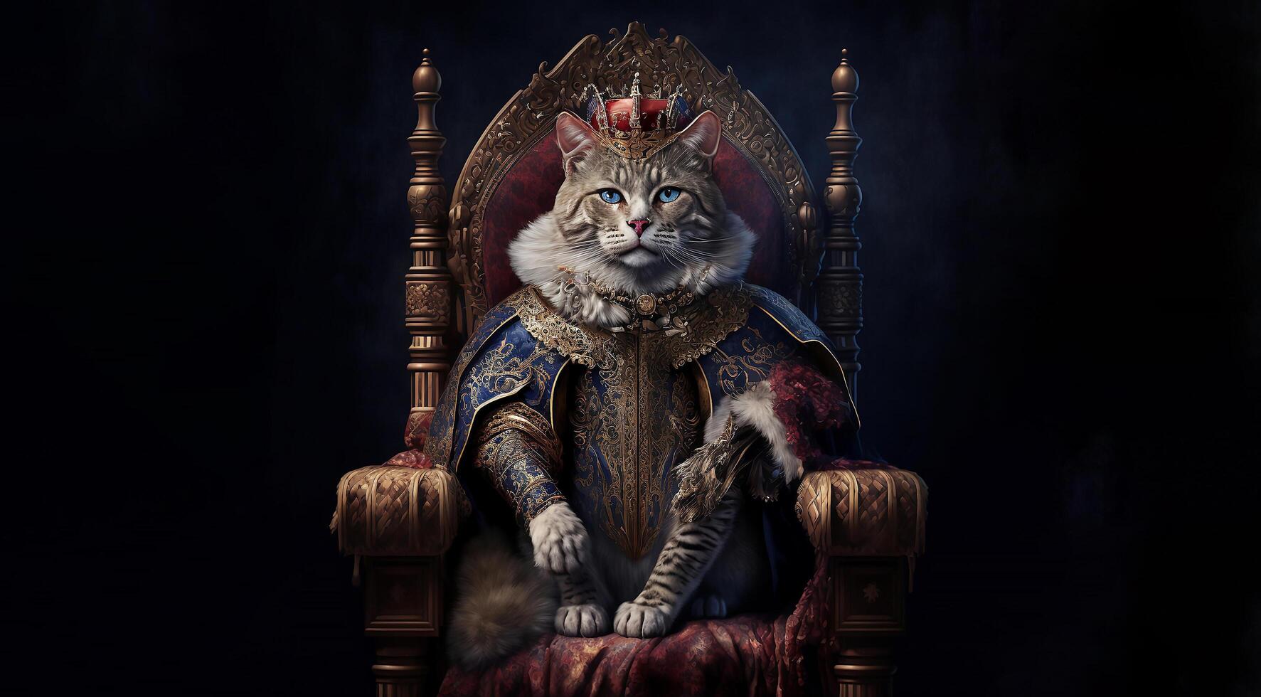 das königlich Katze mit Luxus Kleid Kostüm. schließen oben Porträt König Katze mit Thron und Krone. generativ ai. foto