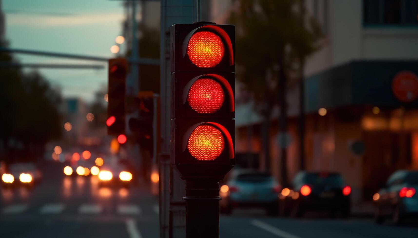 Stadt Fußgänger Kreuzung mit ein rot Licht, defokussiert und verschwommen Straße Hintergrund. generativ ai foto