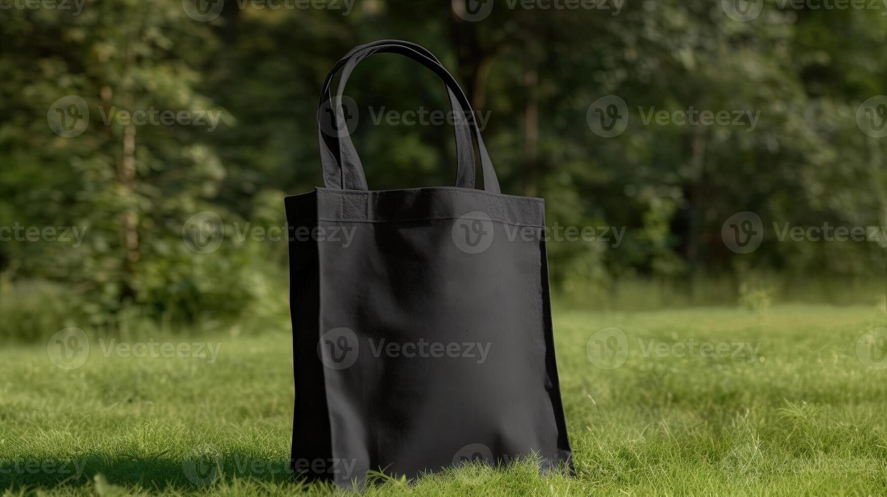 generativ ai, realistisch schwarz Tasche Segeltuch Stoff Tasche installieren auf das Grün Gras, Käufer spotten oben leer. foto