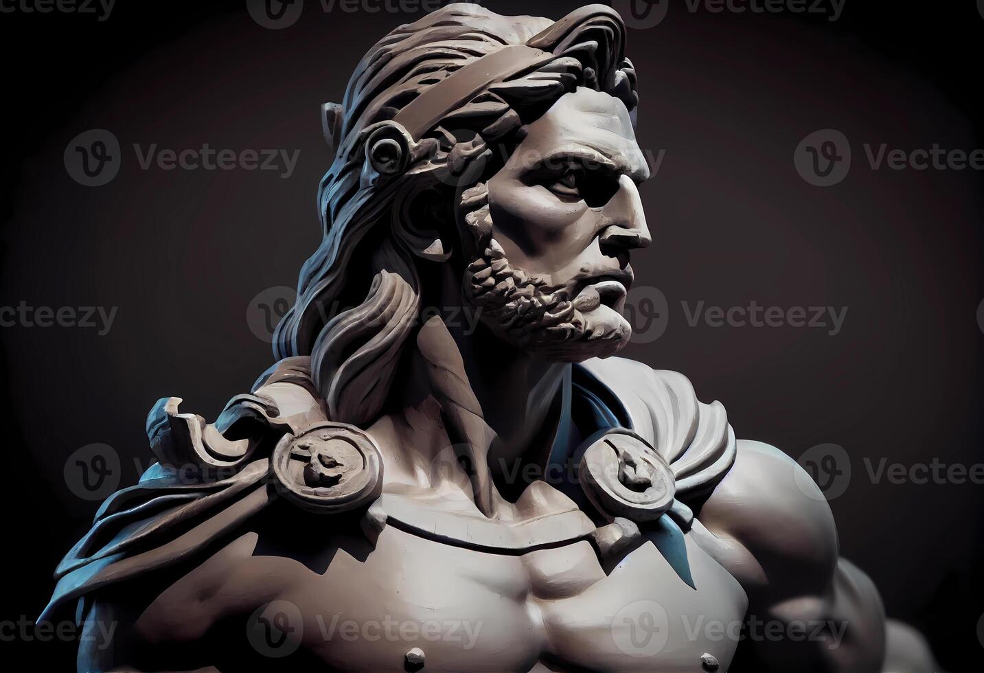 uralt griechisch Skulptur von Zeus auf ein dunkel Hintergrund. ai generiert foto