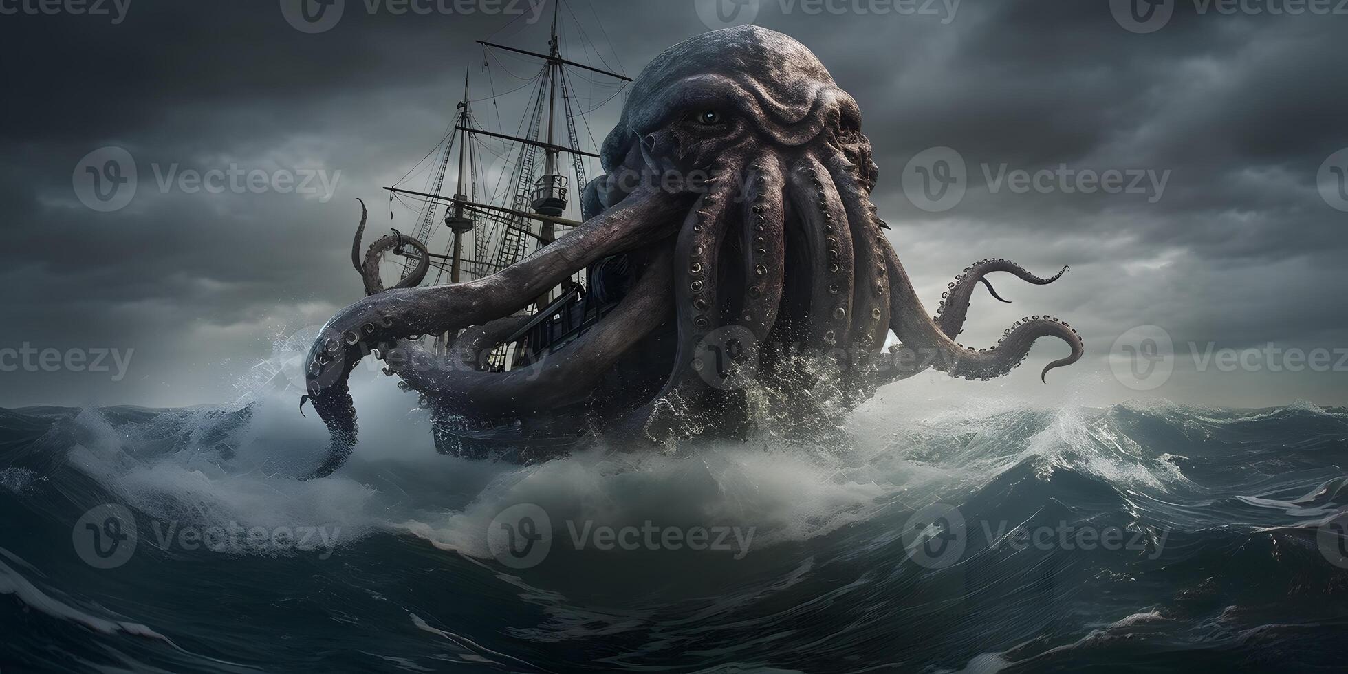 Krake oder cthulhu Attacke auf Schiff im das Ozean, ai generiert foto