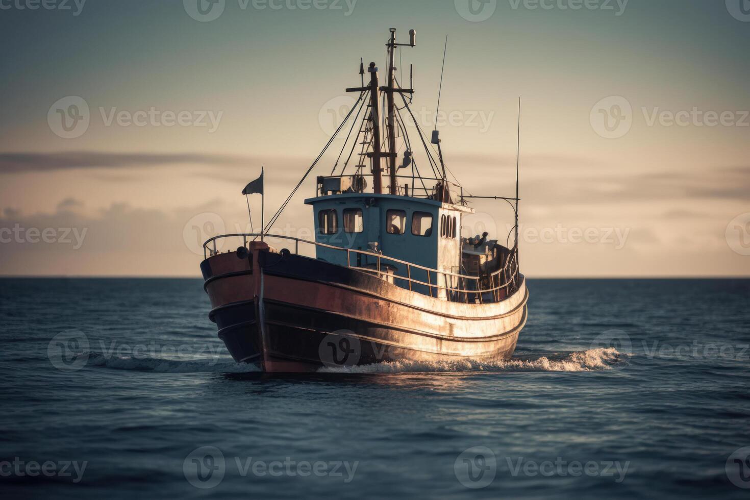 Angeln Schiff beim Meer Wasser, Ozean Expedition generativ ai foto
