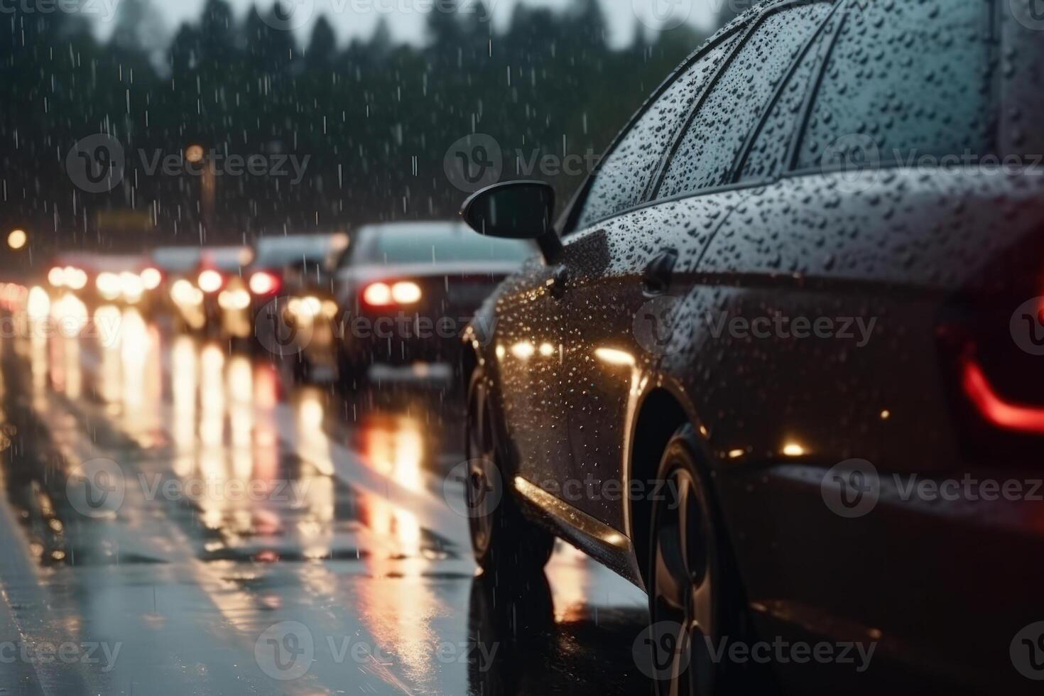 Auto der Verkehr Marmelade auf das Straße Regen Schlecht Wetter generativ ai foto