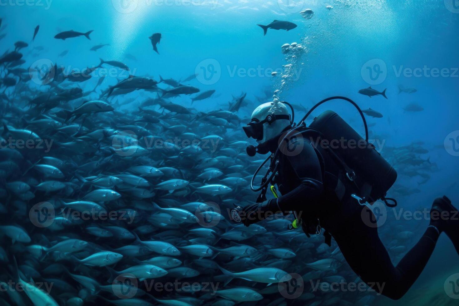 ein Tauchen Taucher schwimmt unter ein Schwarm von Fische generativ ai foto