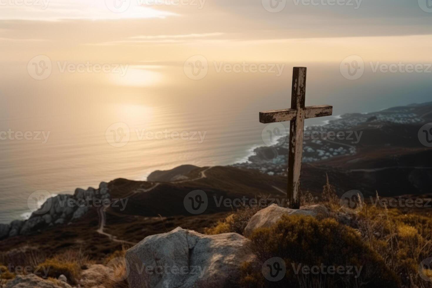 Gott Sonne Licht von Vertrauen Kreuz im Felsen auf das Kante von ein Cliff durch das Ozean generativ ai foto