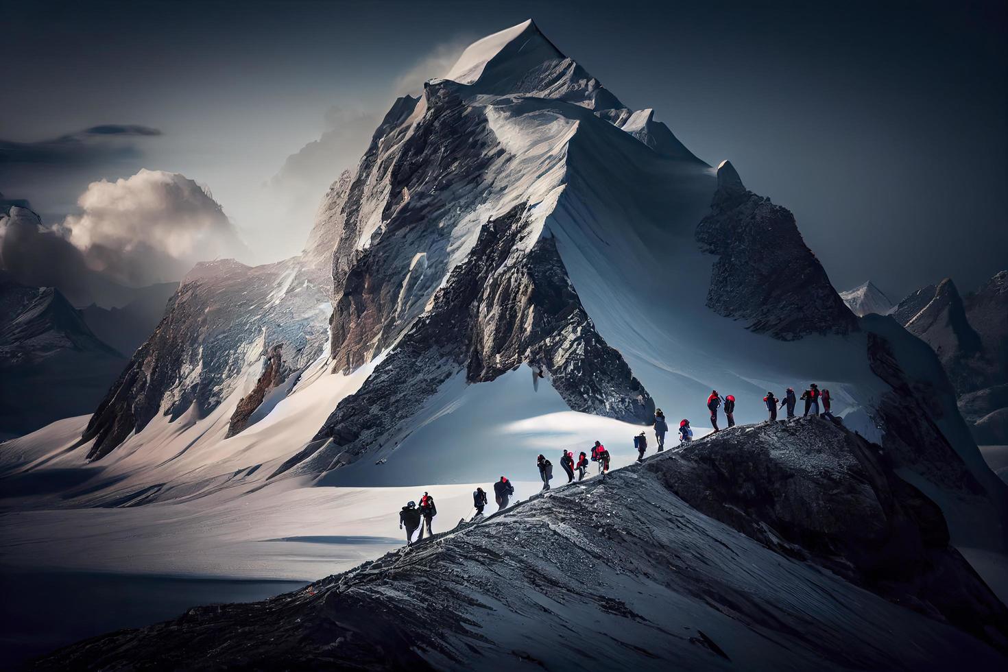 Gruppe von Bergsteiger. mehrere hoch alpin Kletterer im Vorderseite von ein riesig Berg foto