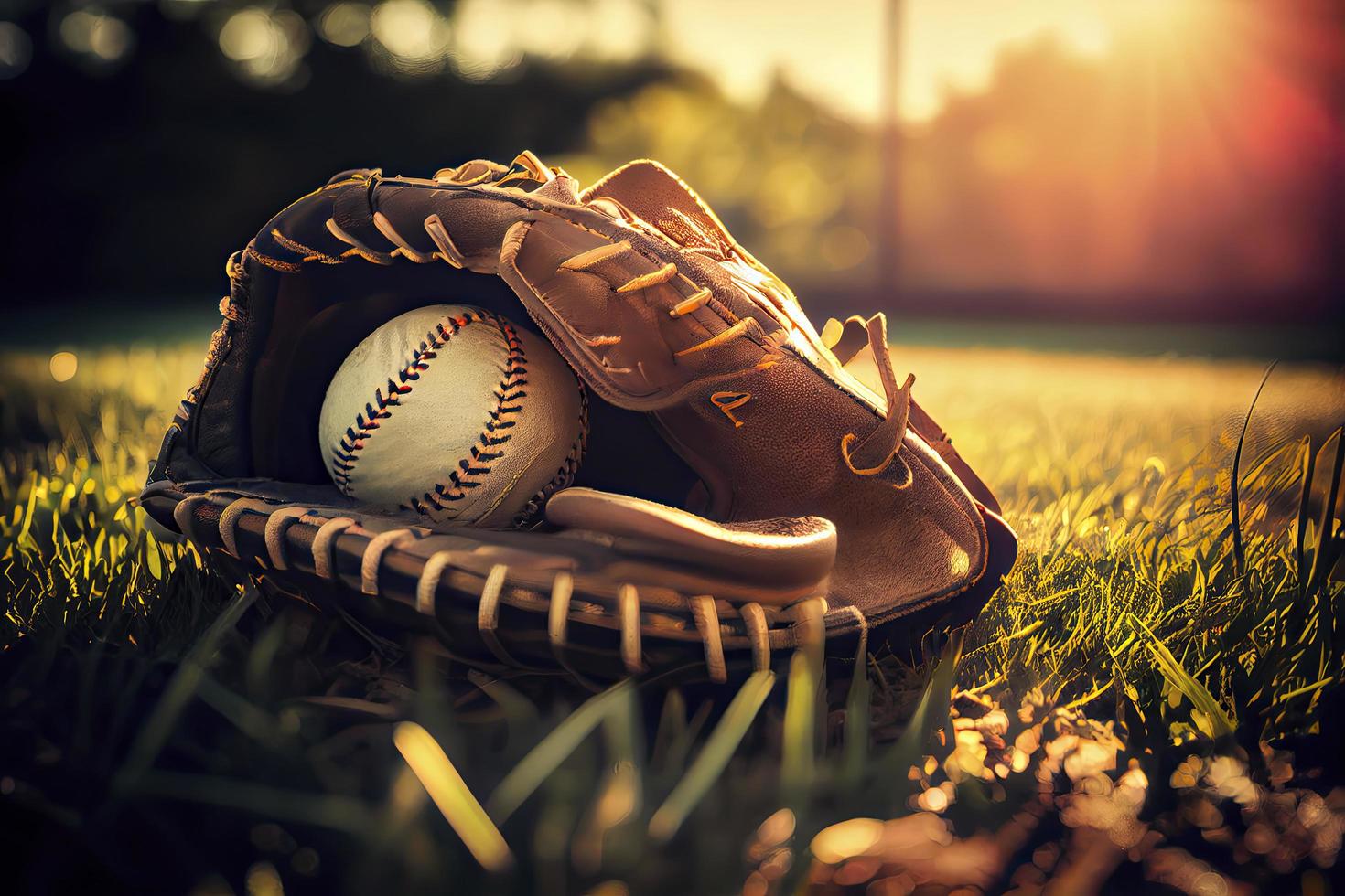 Baseball im Handschuh im das Rasen beim Sonnenuntergang im das Abend Tag mit Sonne Strahl und Linse Fackel Licht foto