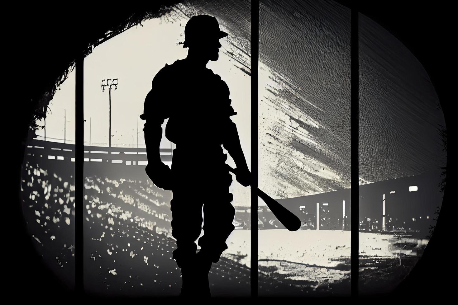 Silhouette, das Bild von ein Baseball Spieler mit ein Schläger auf das Hintergrund von das Stadion foto