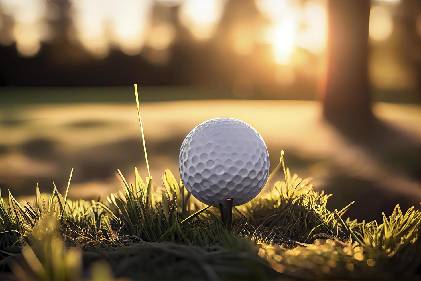 Golf Ball auf Tee im ein schön Golf Kurs mit Morgen sonnenschein.bereit zum Golf im das zuerst kurz foto