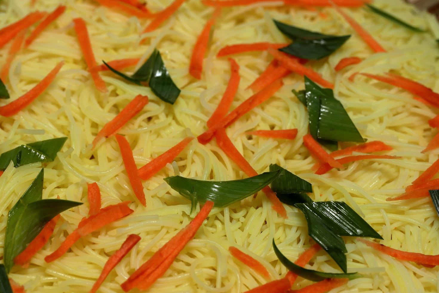 einfach Hähnchen Chow mein Mahlzeit auf ein Weiß Teller und auf ein hölzern Tisch. Chinesisch Schweinestall lecker Nudeln mit Soße und Gemüse. foto