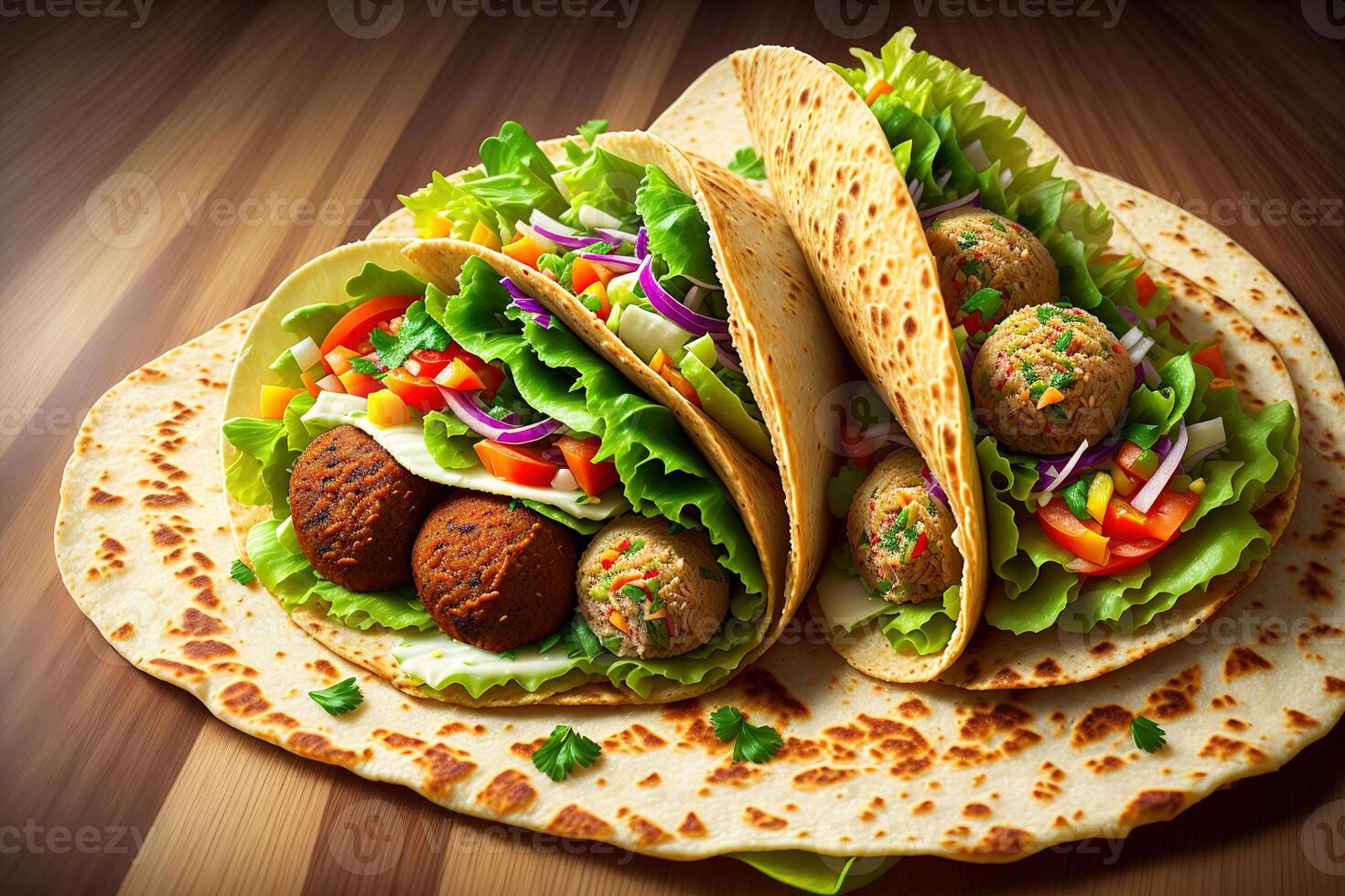 Tortilla wickeln mit Falafel und frisch Salat vegan Tacos Vegetarier gesund Essen durch ai generiert foto