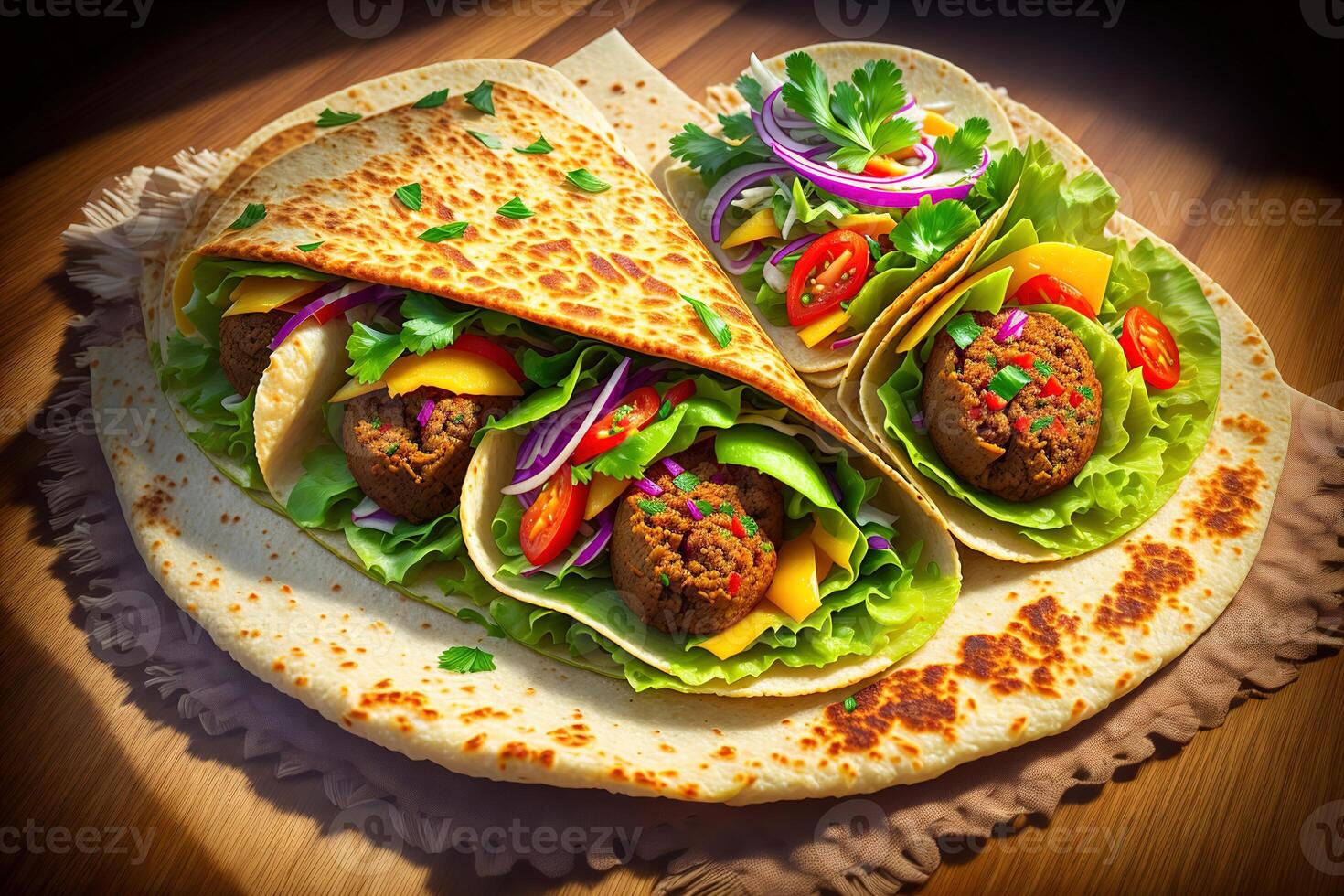 Tortilla wickeln mit Falafel und frisch Salat vegan Tacos Vegetarier gesund Essen durch ai generiert foto