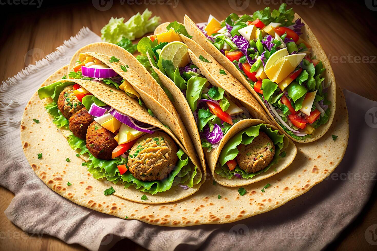 Tortilla wickeln mit Falafel und frisch Salat vegan Tacos Vegetarier gesund Essen durch ai generiert foto