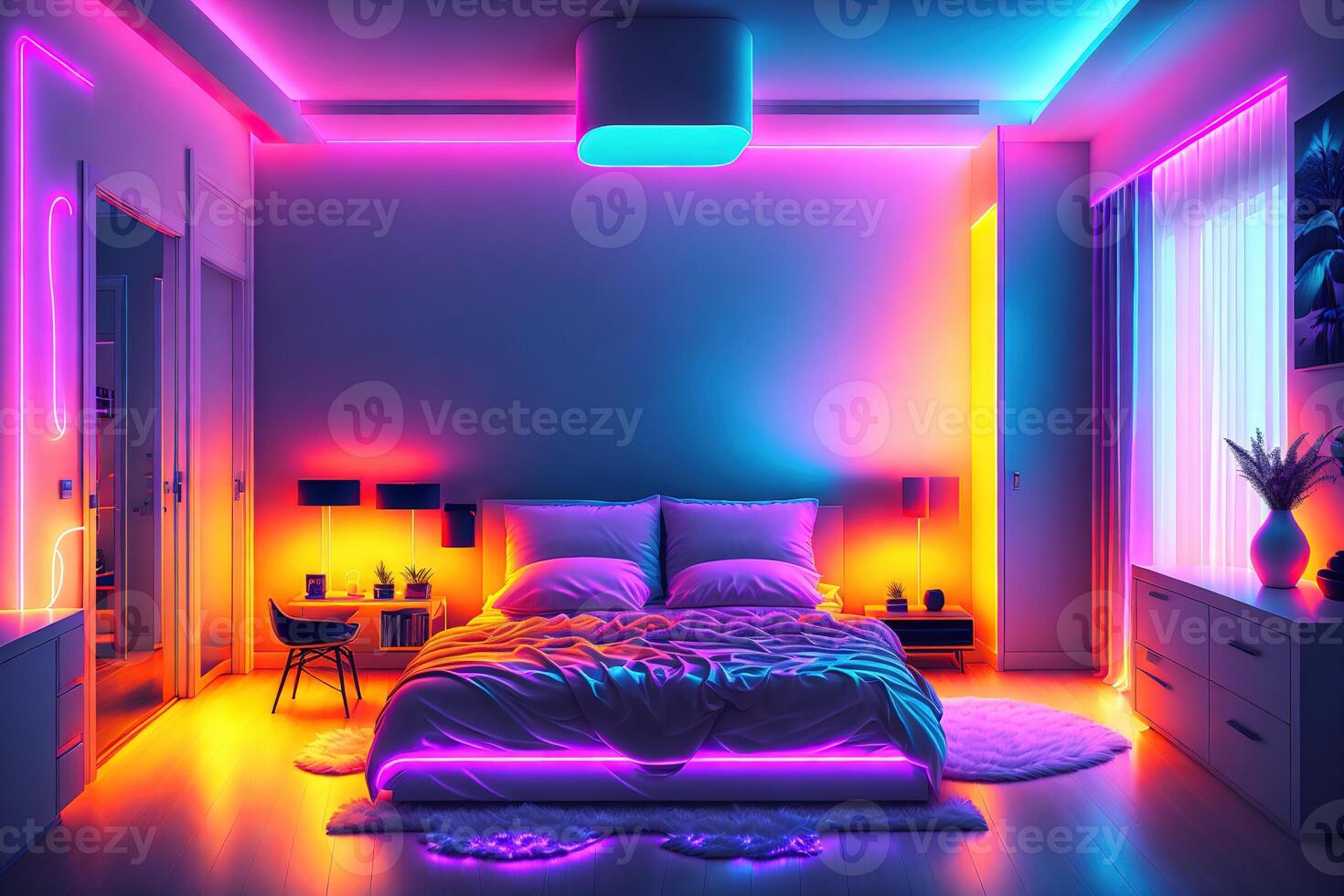 modern Schlafzimmer Innere mit Neon- Beleuchtung glühend Umgebungs im das Abend luxuriös stilvoll durch ai generiert foto