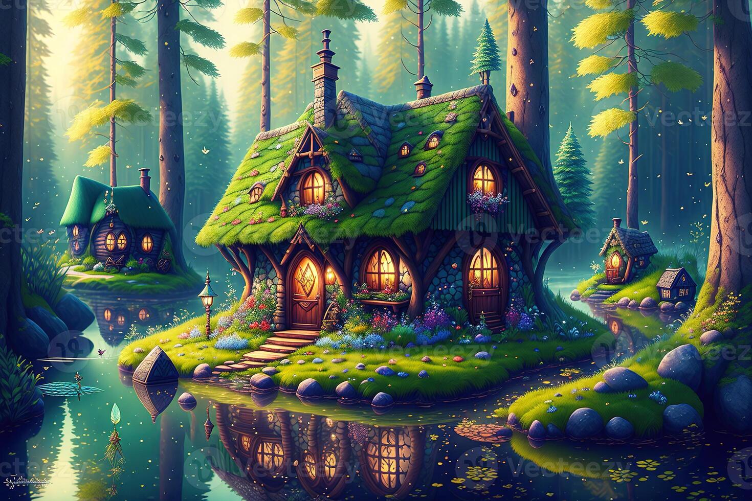 Fantasie Haus Fee Geschichte wenig Hütte im magisch Wald durch ai generiert foto