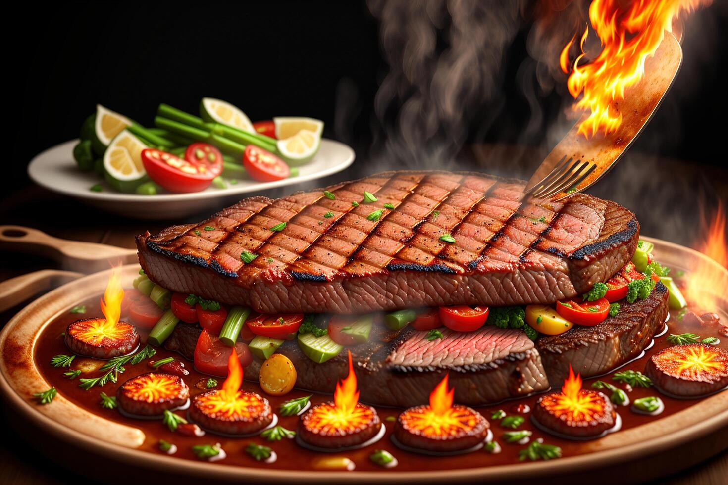 gegrillt Rindfleisch Steak mit Gemüse auf das flammend Grill durch ai generiert foto