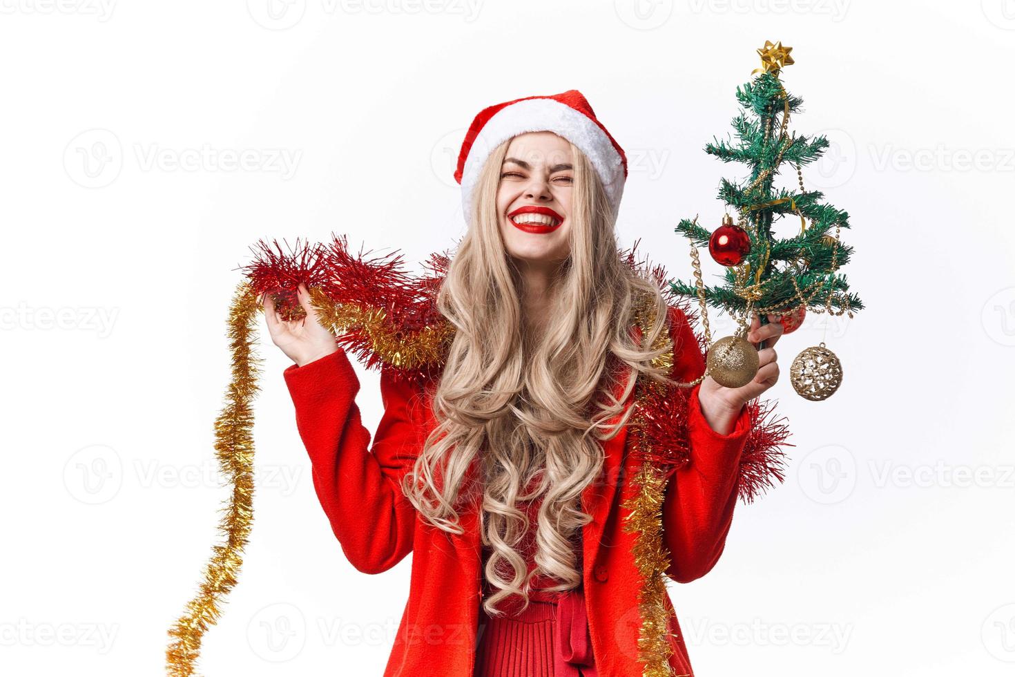 Frau tragen Santa Kostüm Dekoration Geschenke Weihnachten foto